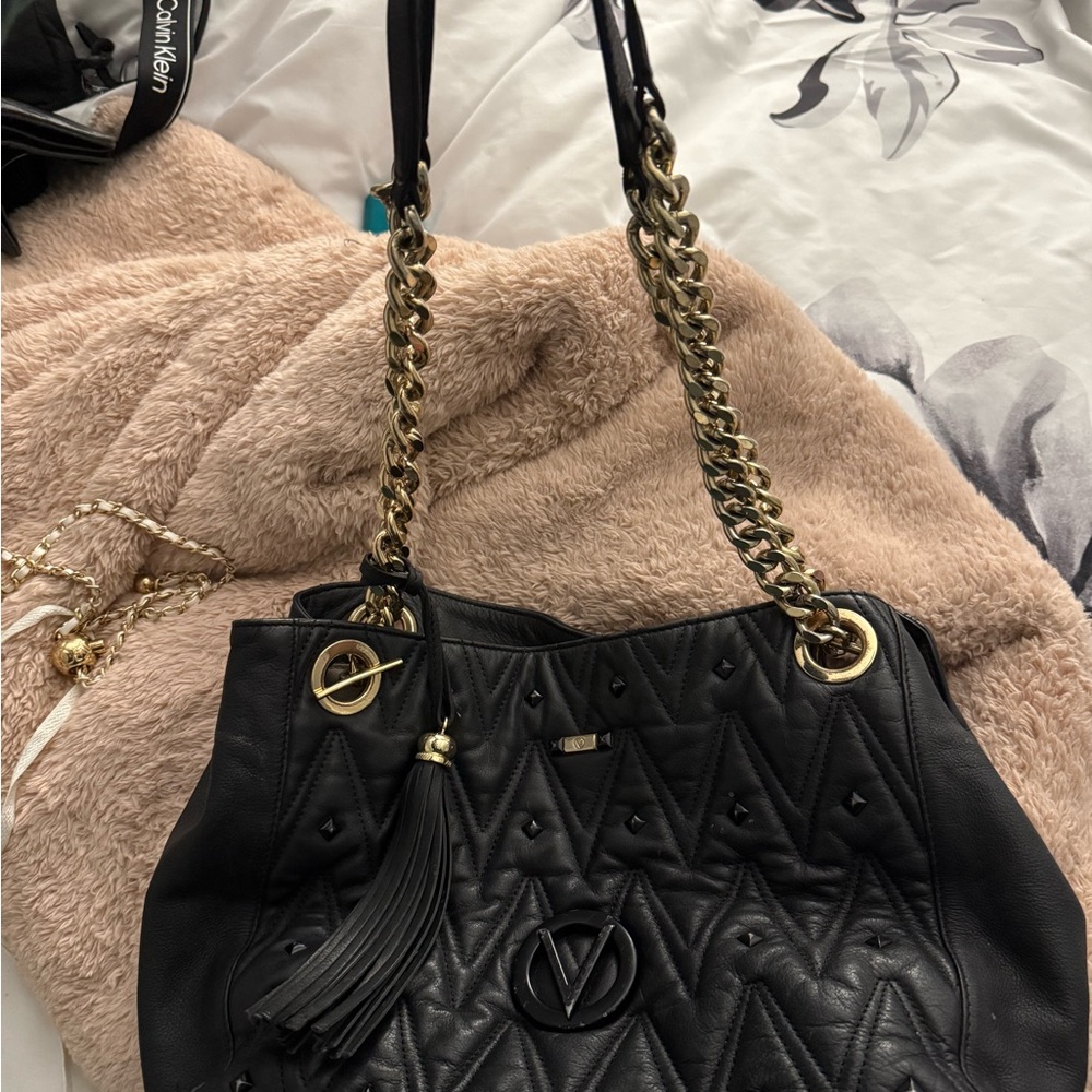 Mario Valentino Black Quilted Shoulder Bag with Gold Accents